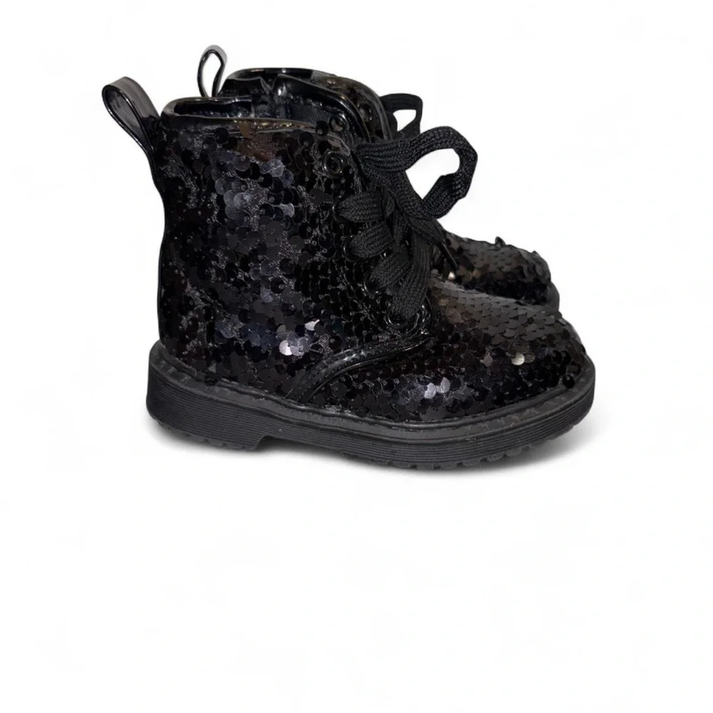 Toddler Black Sequin Lace-Up Kids Boots 5T
